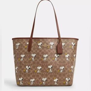 Coach X Peanuts City Tote Bag In Signature Canvas With Snoopy Print